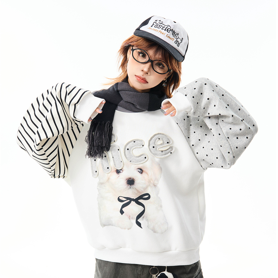 美式小狗印花拼接加絨衛衣女秋冬休閒百搭加厚圓領套頭上衣