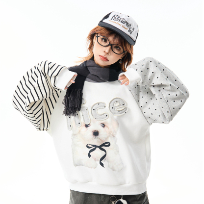 美式小狗印花拼接加絨衛衣女秋冬休閒百搭加厚圓領套頭上衣
