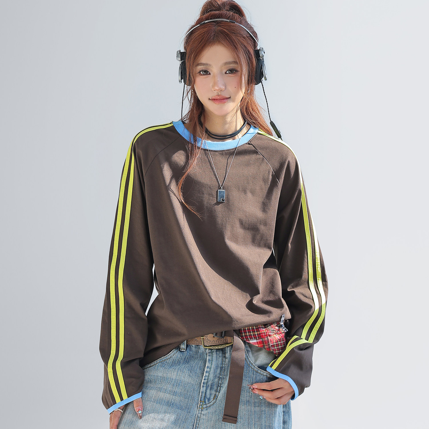 美式復古撞色拼接條紋長袖t恤女索羅娜圓領寬鬆上衣