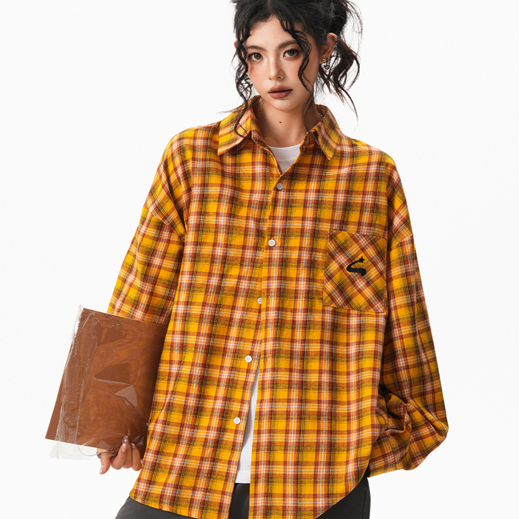 秋季多巴胺黃色格子襯衫女寬鬆休閒慵懶風百搭襯衣外套