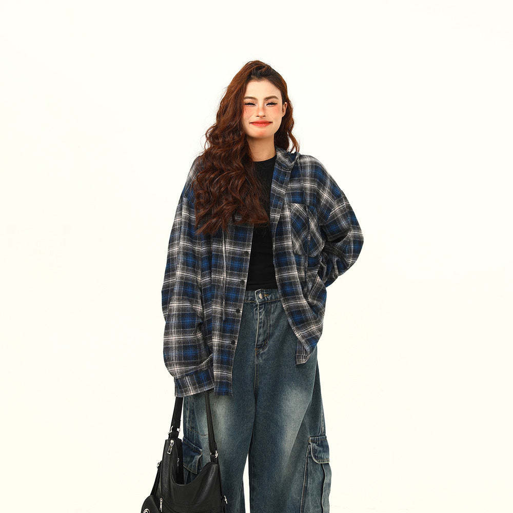 美式復古撞色格紋高級感連帽長袖襯衫女街頭寬鬆潮牌襯衣