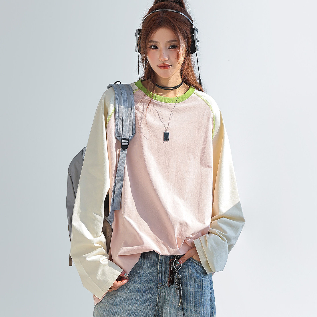 索羅娜撞色拼接插肩長袖上衣女內搭可外穿打底衫t恤