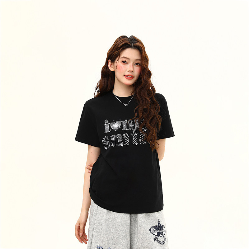 cleanfit星星線條設計感刺繡修身顯瘦短袖T恤女减齡T恤