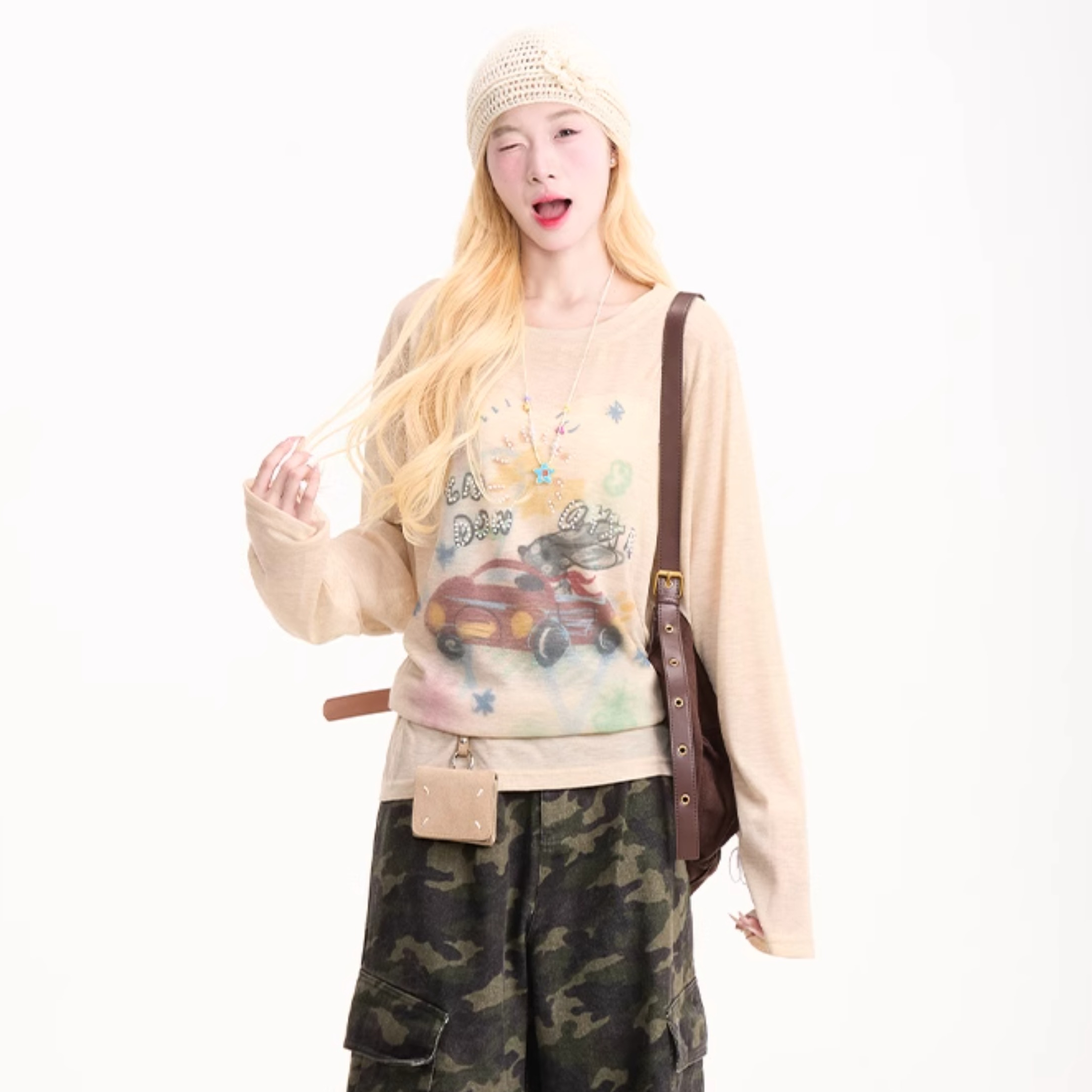 塗鴉印花薄款長袖T恤女新款慵懶微透夏季防曬休閒罩衫上衣