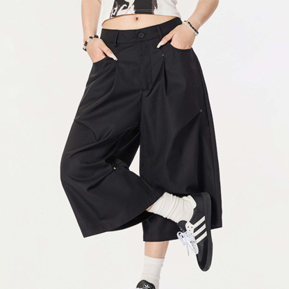 夏季潮牌設計感撞釘休閒短褲女cleanfi闊腿七分褲