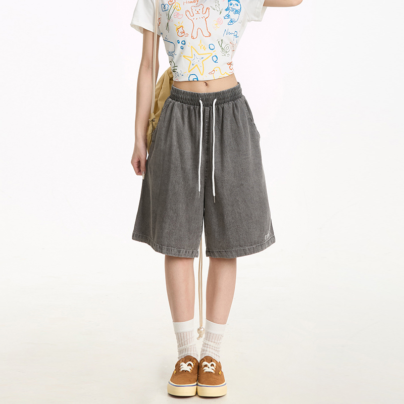 美式復古嘻哈工裝牛仔短褲女夏季寬鬆闊腿街頭中褲五分褲