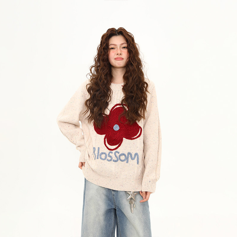 秋冬新款美式復古花朵刺繡設計感針織衫毛衣女慵懶風上衣