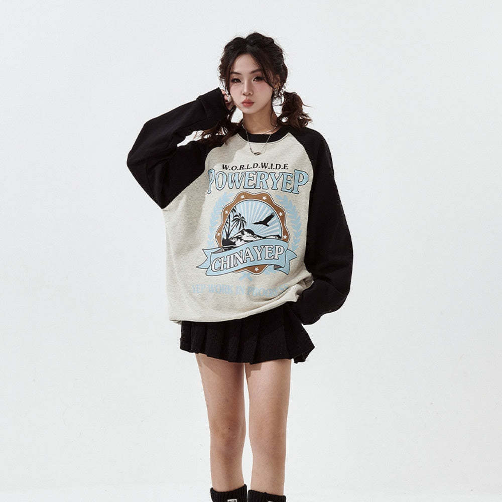 拼接插肩袖卡通印花衛衣女秋新款復古寬鬆無帽上衣