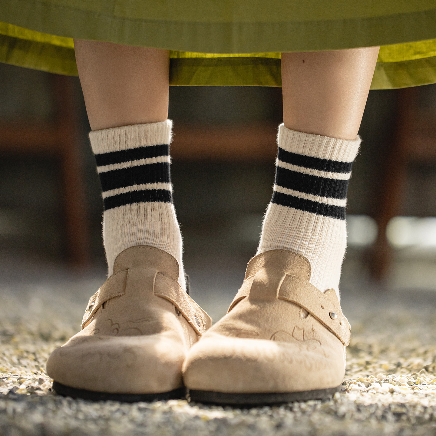 美式復古黑墨綠色三道條杠紋精梳棉吸汗透氣中筒長襪子秋女士