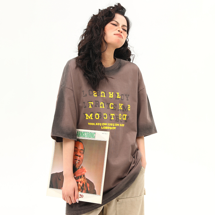 美式復古水洗漸變高級感短袖T恤女重磅上衣女夏