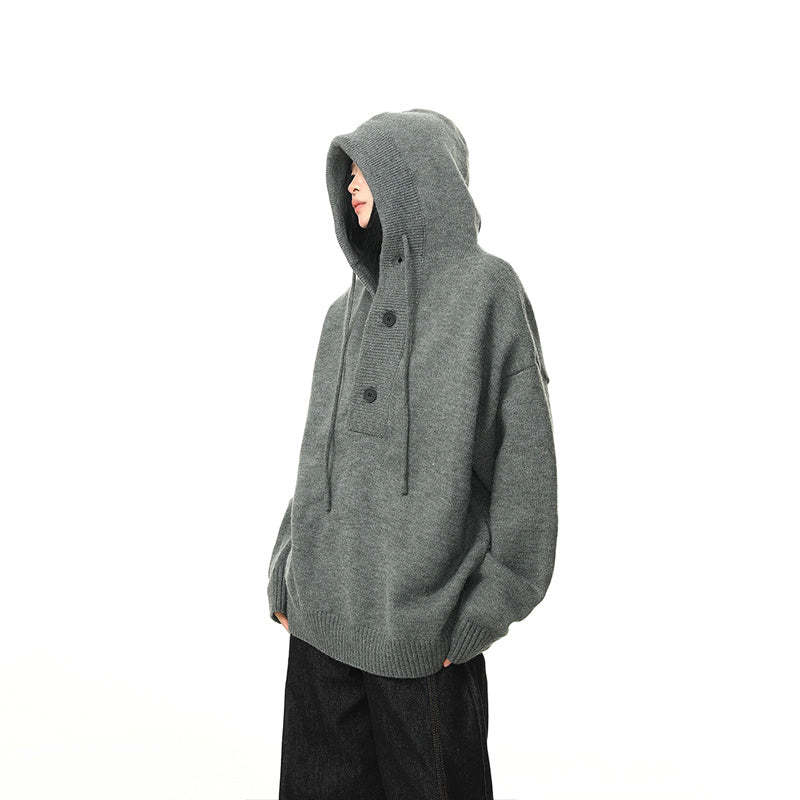 冬季新品復古高級感灰色連帽毛衣女加厚重磅慵懶風針織衫