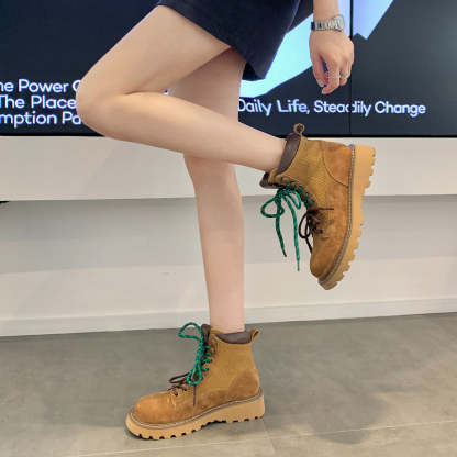 英倫風時髦低幫短靴圓頭厚底經典馬丁靴女春秋款