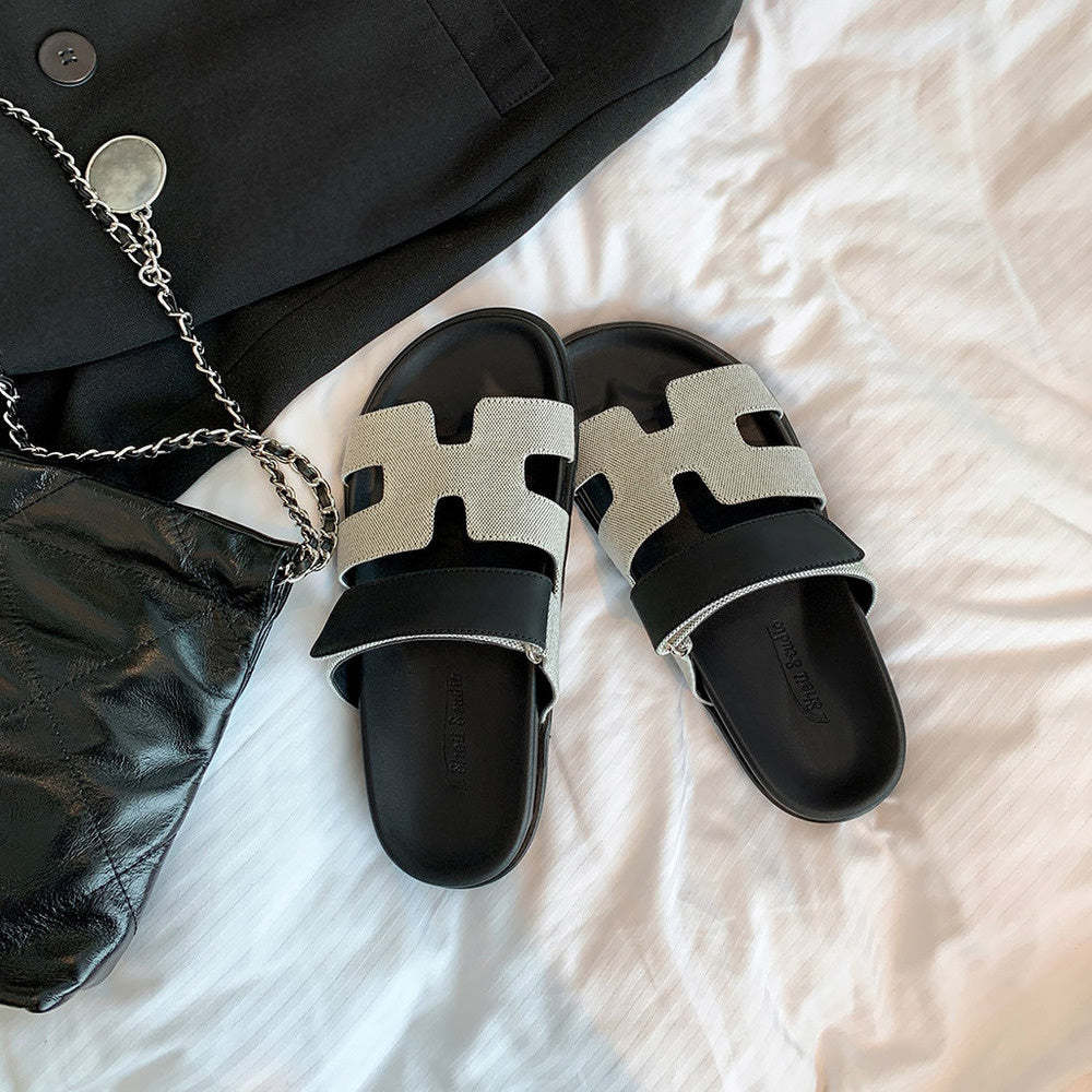 真皮魔術貼休閒厚底H拖鞋女涼拖外穿夏