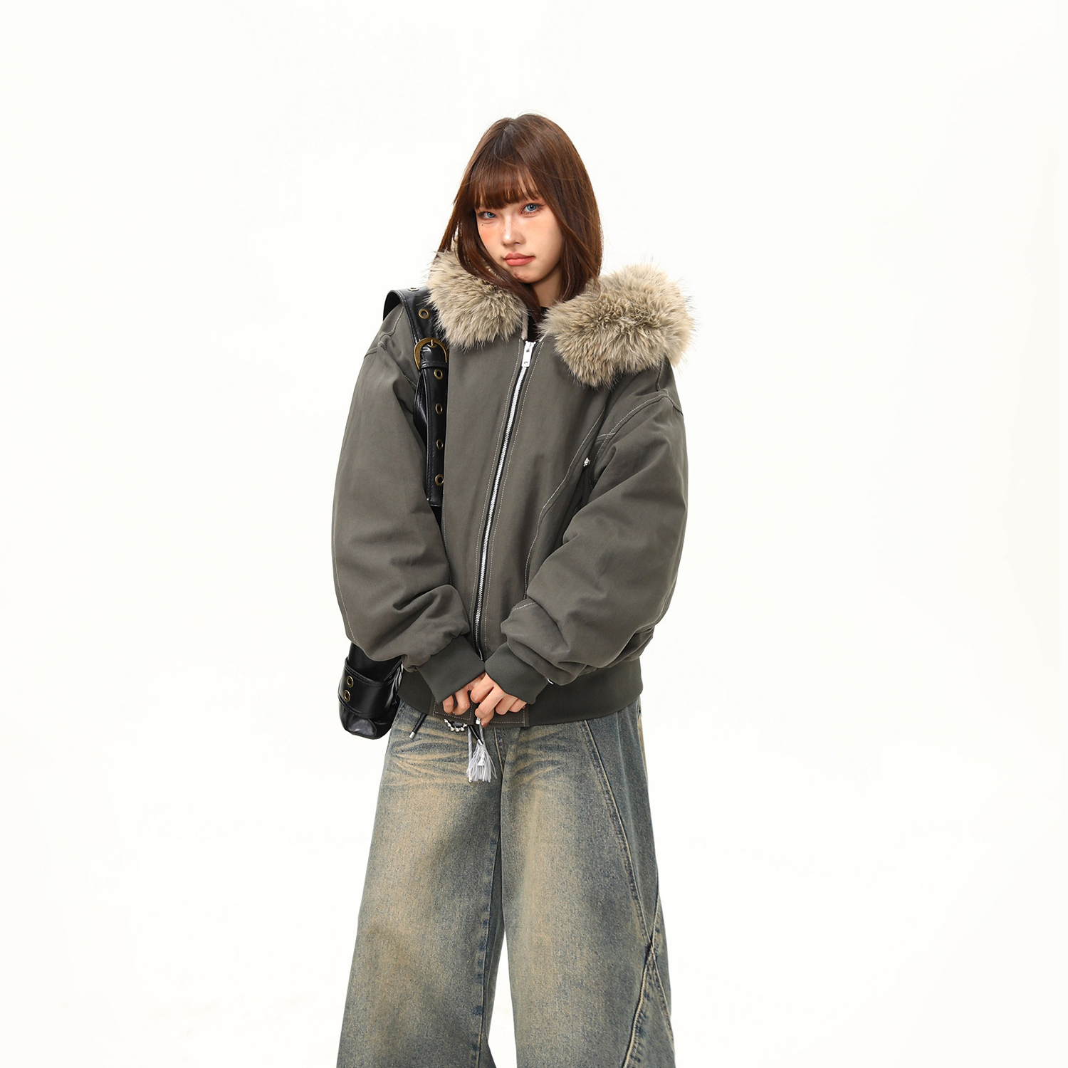 美式潮牌毛領座山雕加厚保暖棉服外套女冬季百搭棉衣