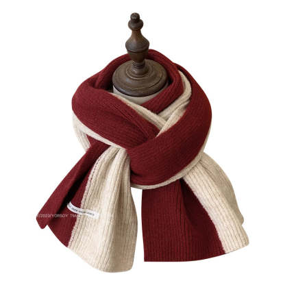 含羊毛拼色圍巾女冬季復古深灰色保暖加厚針織毛線高級感圍脖