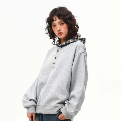 春季新款美式復古格子拼接假兩件連帽衛衣女寬鬆百搭