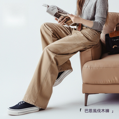 卡其色復古工裝巴恩風伐木褲純棉窄版直筒顯瘦長褲子女士秋冬