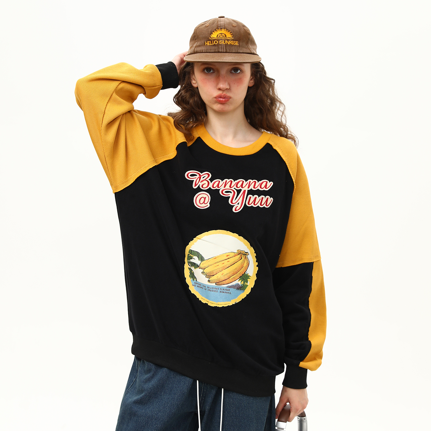 早秋新款美式復古拼接撞色學院風圓領長袖衛衣女寬鬆百搭