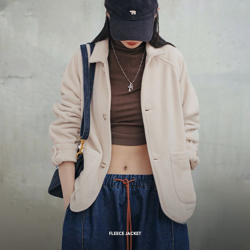 馬登女裝 美式搖粒絨翻領外套暖呼呼保暖夾克休閒開衫抓絨上衣冬季女