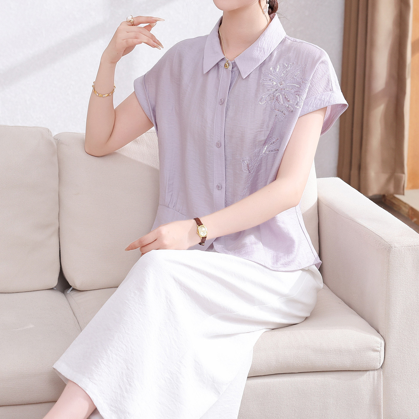 夏套裝萊賽爾2026新款洋氣女中老年短袖天絲上衣巨好看兩件套