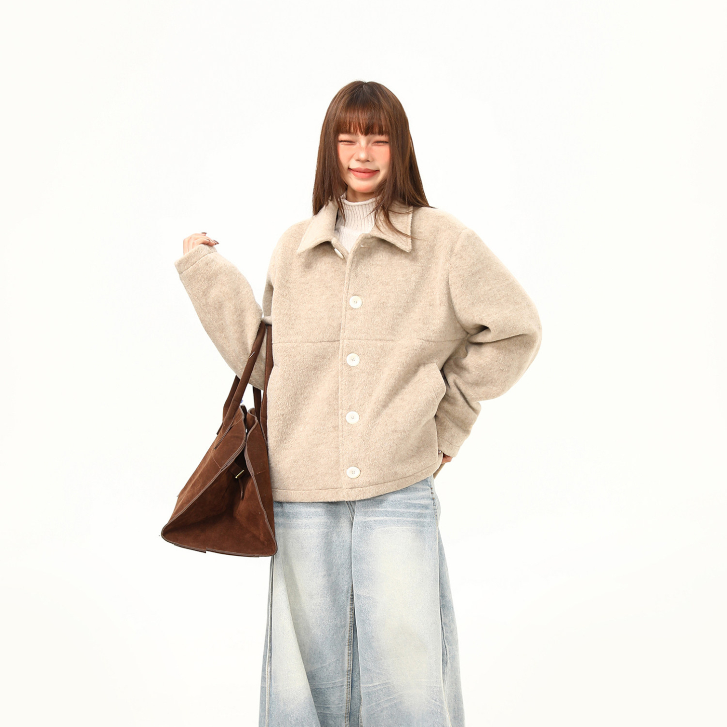 復古高智感羊毛混紡正肩合身翻領夾克外套女秋冬慵懶上衣