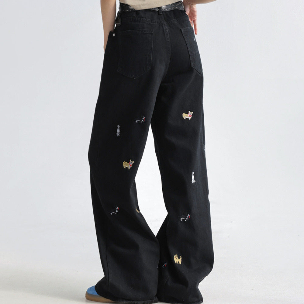 童趣小狗刺繡牛仔褲女闊腿寬鬆拖地褲高腰顯瘦直筒褲