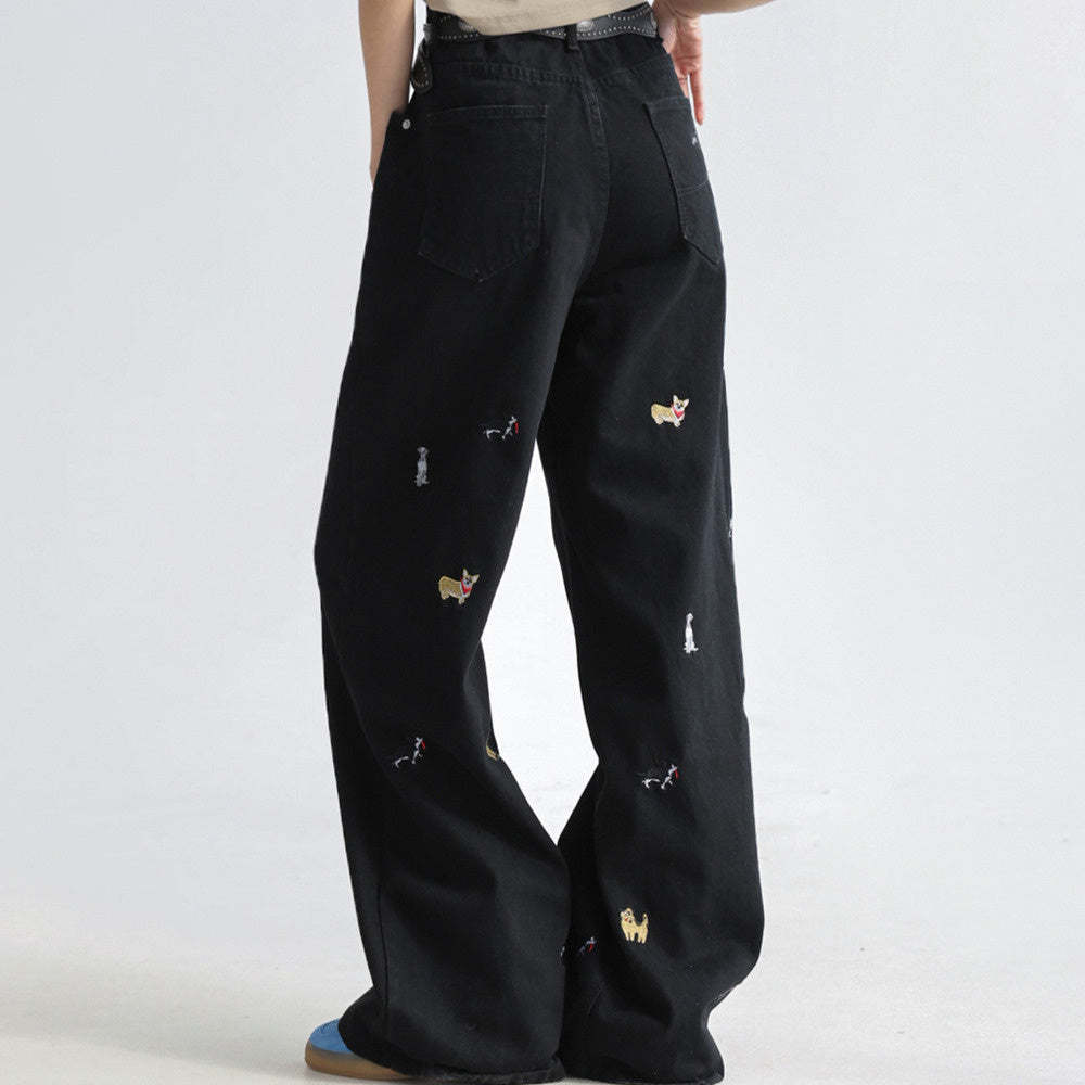 童趣小狗刺繡牛仔褲女闊腿寬鬆拖地褲高腰顯瘦直筒褲