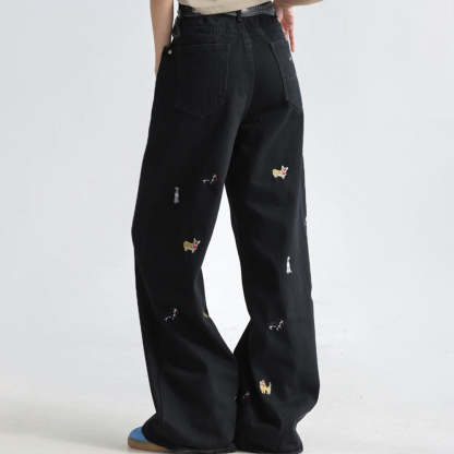 童趣小狗刺繡牛仔褲女闊腿寬鬆拖地褲高腰顯瘦直筒褲