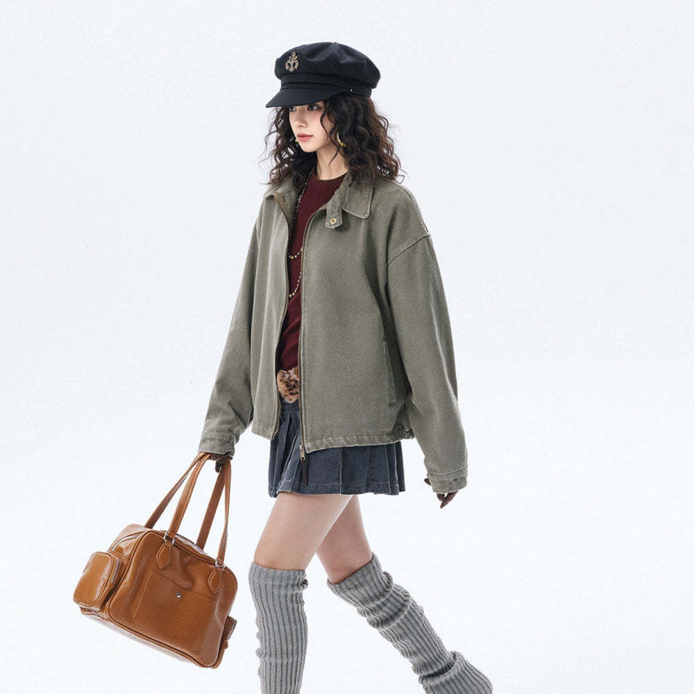 復古水洗做舊外套女春季2025新款美式純色夾克寬鬆街頭潮牌上衣