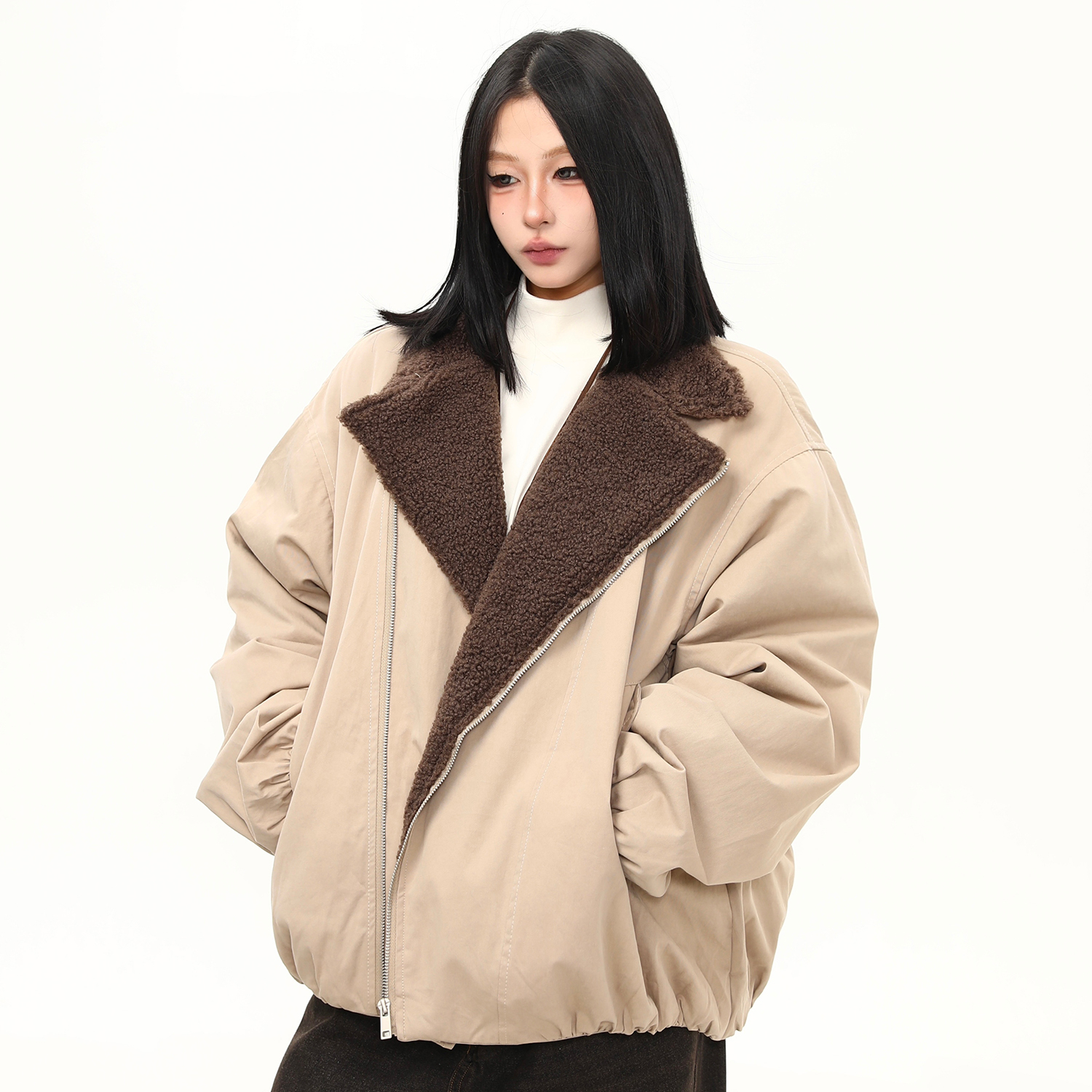 冬季拉鍊斜襟設計感羊羔絨棉服外套女寬鬆加厚保暖棉衣