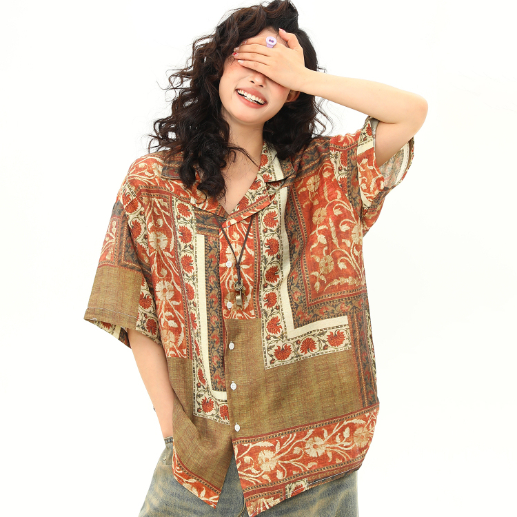 古著花卉襯衫女美式個性潮牌西裝領短袖襯衣夏季凉感上衣