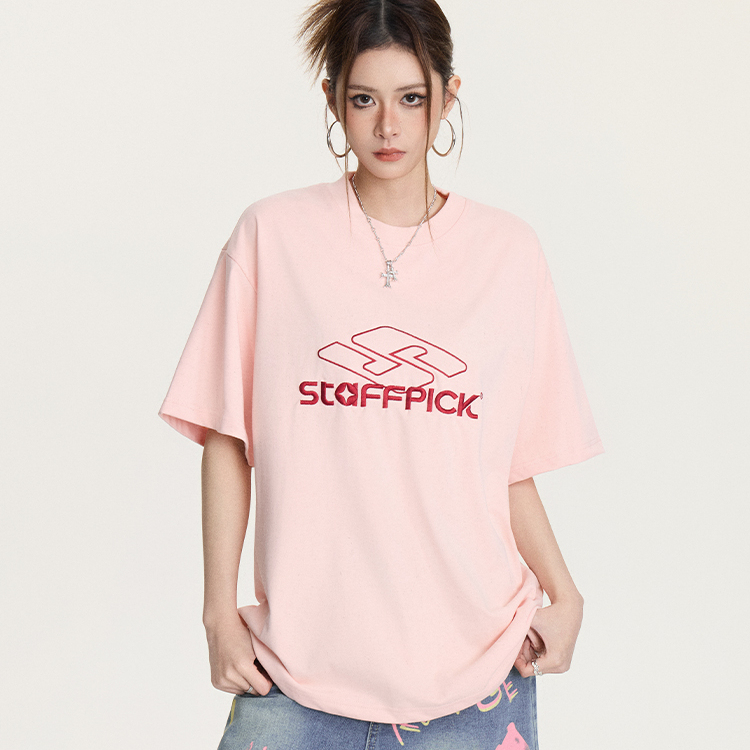 美式復古潮牌街頭刺繡寬鬆短袖T恤女夏百搭休閒半袖上衣