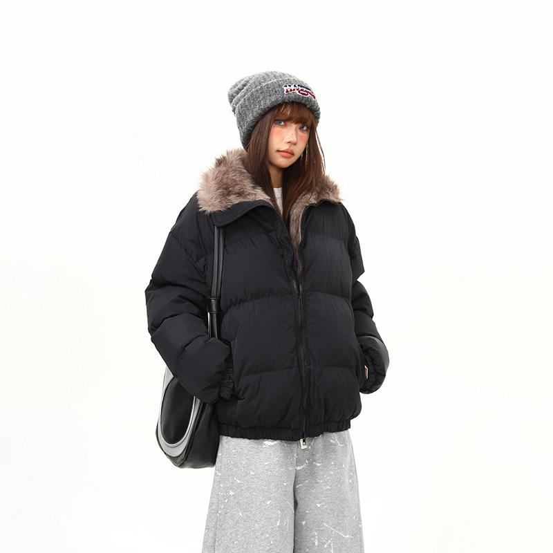 冬季加厚毛領保暖麵包棉服女立領高級感美式復古棉衣棉襖