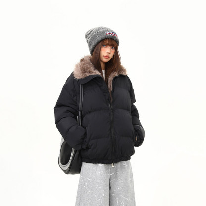 冬季加厚毛領保暖麵包棉服女立領高級感美式復古棉衣棉襖