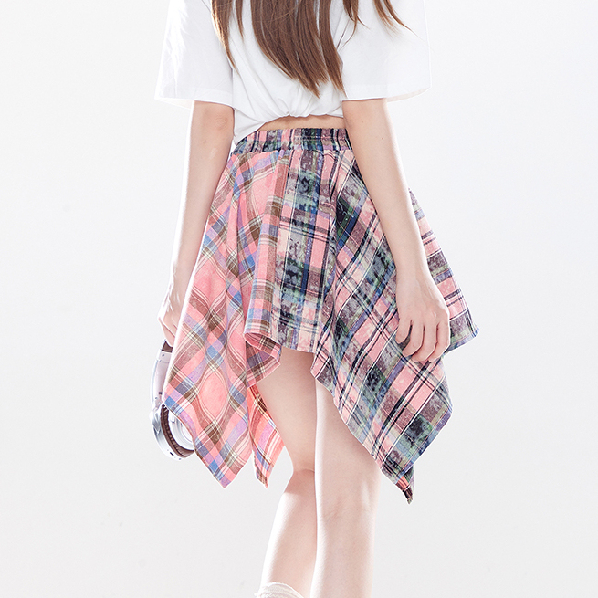 美式甜酷風格子不規則短裙夏新款設計感小眾撞色跳舞半身裙