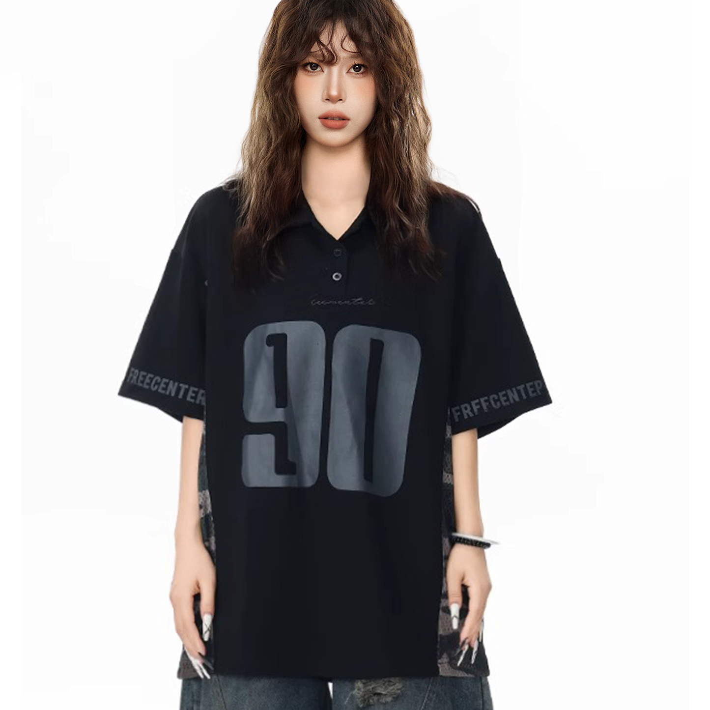 美式復古黑色半袖polo領短袖t恤女夏寬鬆oversize大版球衣風上衣