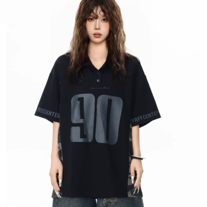 美式復古黑色半袖polo領短袖t恤女夏寬鬆oversize大版球衣風上衣