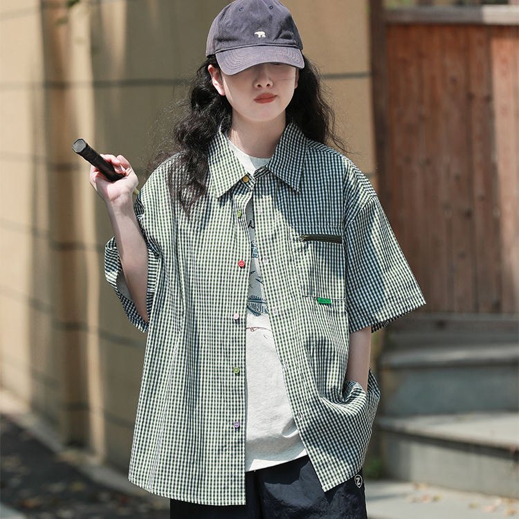 日系復古格子撞色五分袖襯衫女純棉寬鬆工裝休閒短袖襯衣