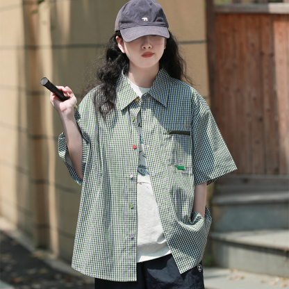 日系復古格子撞色五分袖襯衫女純棉寬鬆工裝休閒短袖襯衣