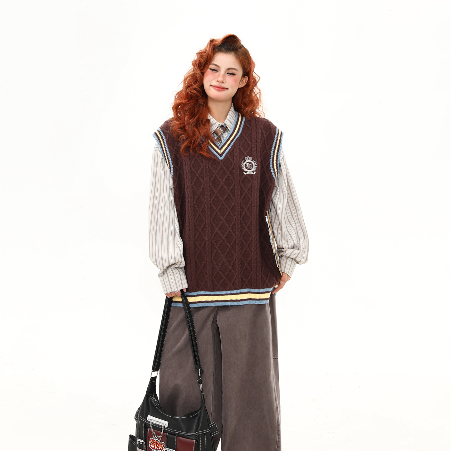 美式復古學院風刺繡美拉德馬甲背心毛衣女秋冬寬鬆針織衫