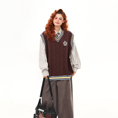 美式復古學院風刺繡美拉德馬甲背心毛衣女秋冬寬鬆針織衫