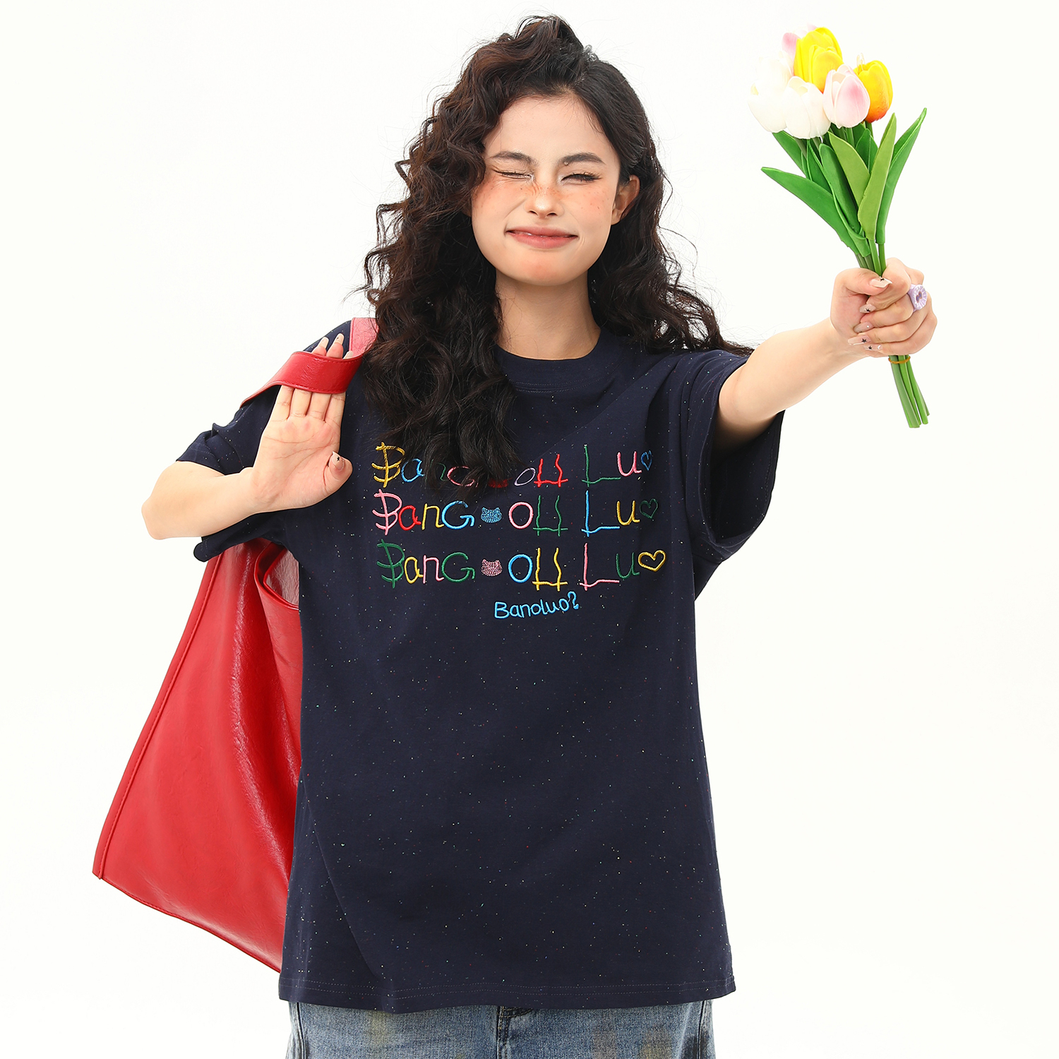 網點滿天星設計感寬鬆短袖T恤女彩虹字母百搭美式上衣