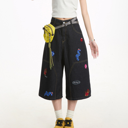 趣味刺繡牛仔七分褲女夏季做舊水洗寬鬆直筒休閒百搭短褲