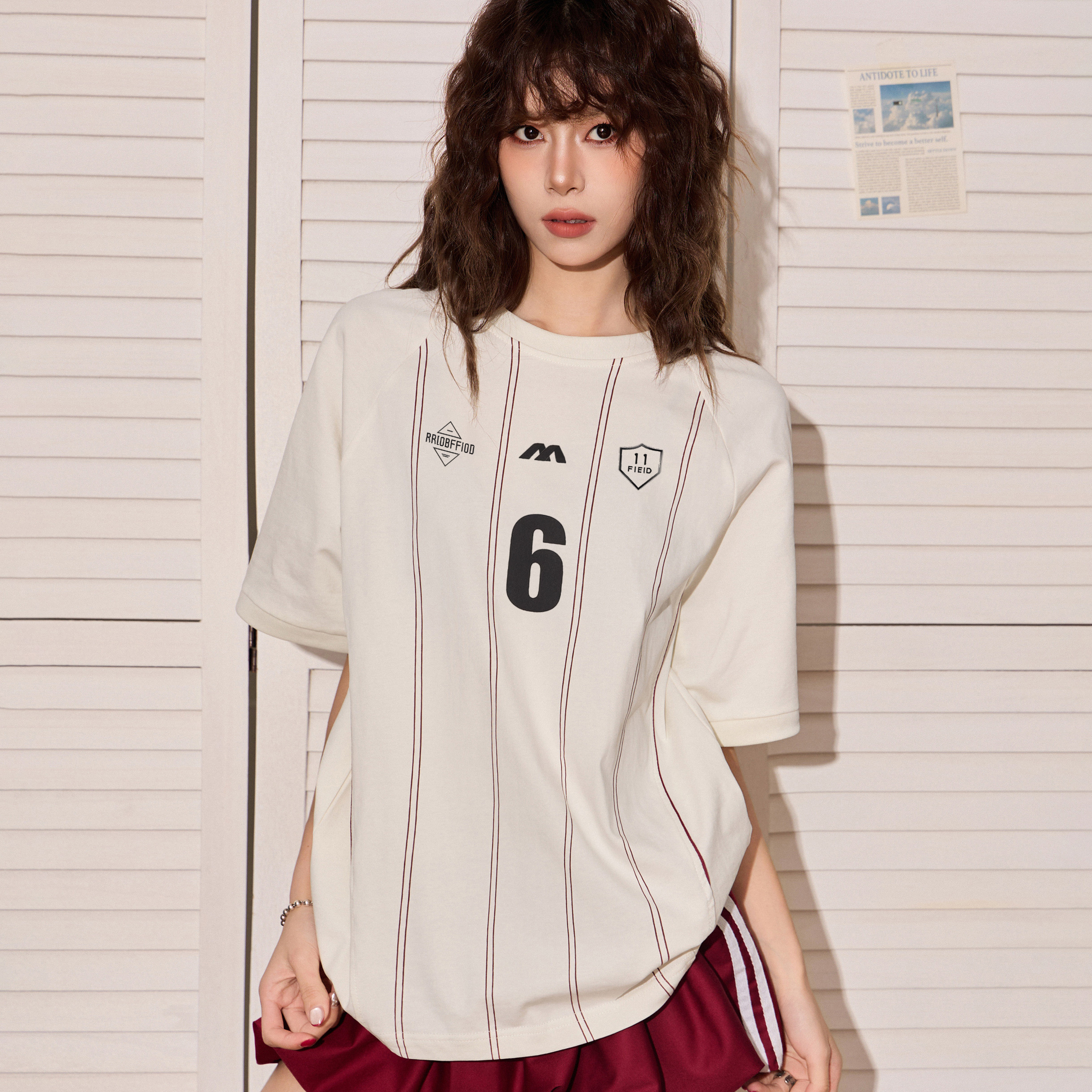 條紋正肩短袖t恤女夏新款oversize寬鬆顯瘦運動球衣上衣