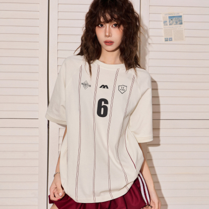 條紋正肩短袖t恤女夏新款oversize寬鬆顯瘦運動球衣上衣