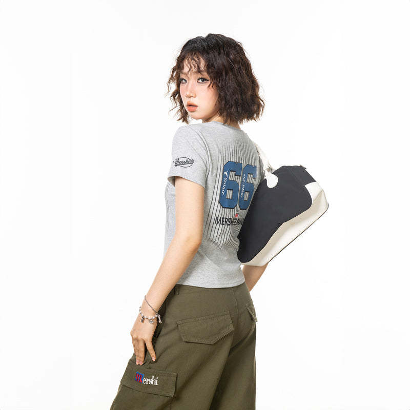 美式復古條紋字母印花正肩短袖t恤女新款夏季辣妹修身上衣