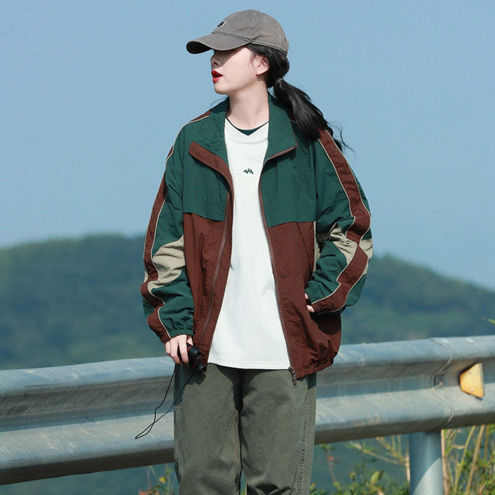戶外防潑水工裝衝鋒衣外套女街頭潮牌拼接撞色休閒夾克秋
