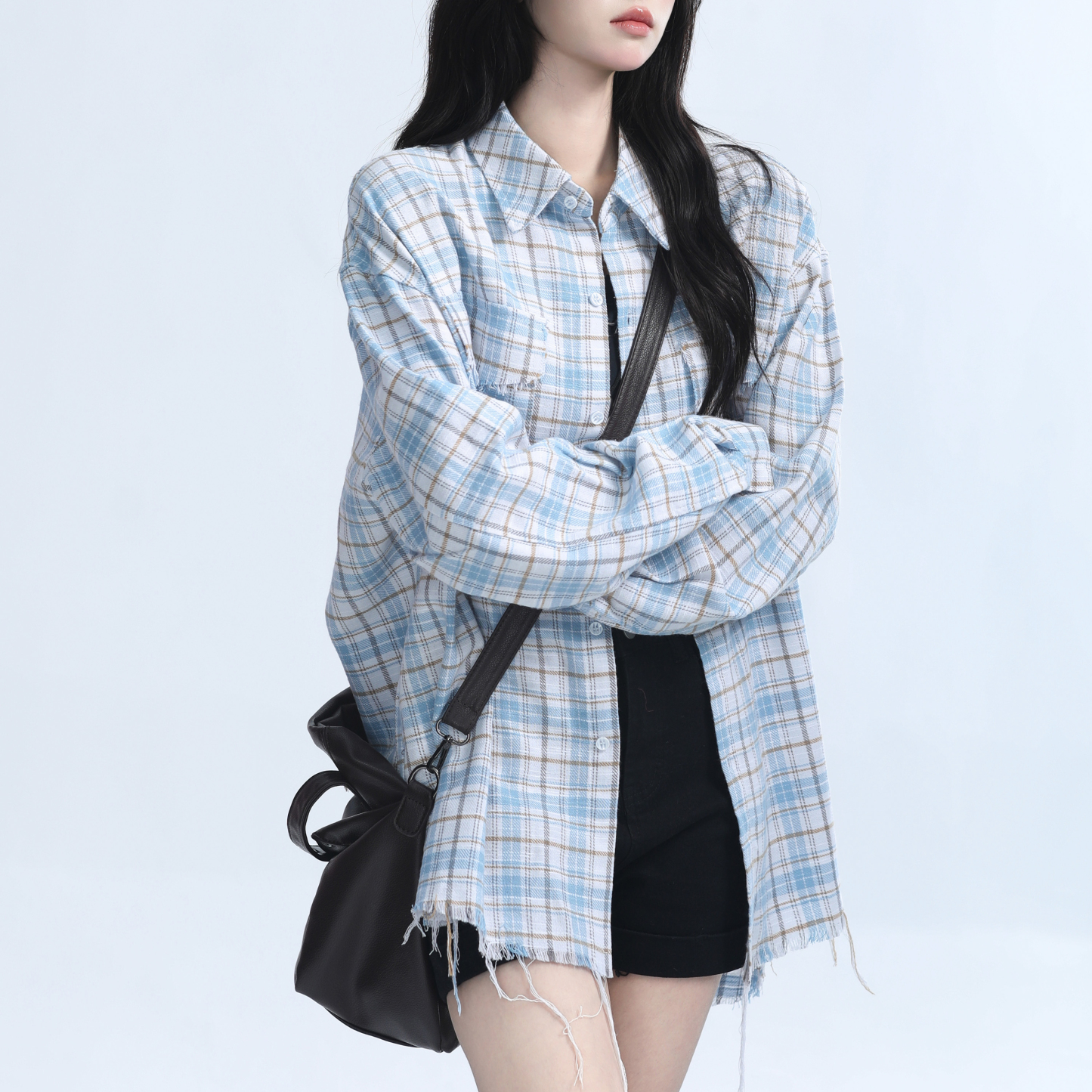 美式復古毛邊格子襯衫女設計感小眾寬鬆休閒襯衣女秋