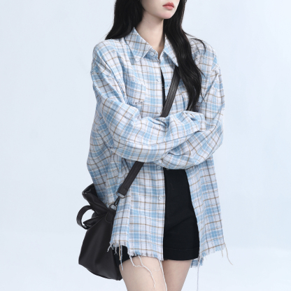 美式復古毛邊格子襯衫女設計感小眾寬鬆休閒襯衣女秋