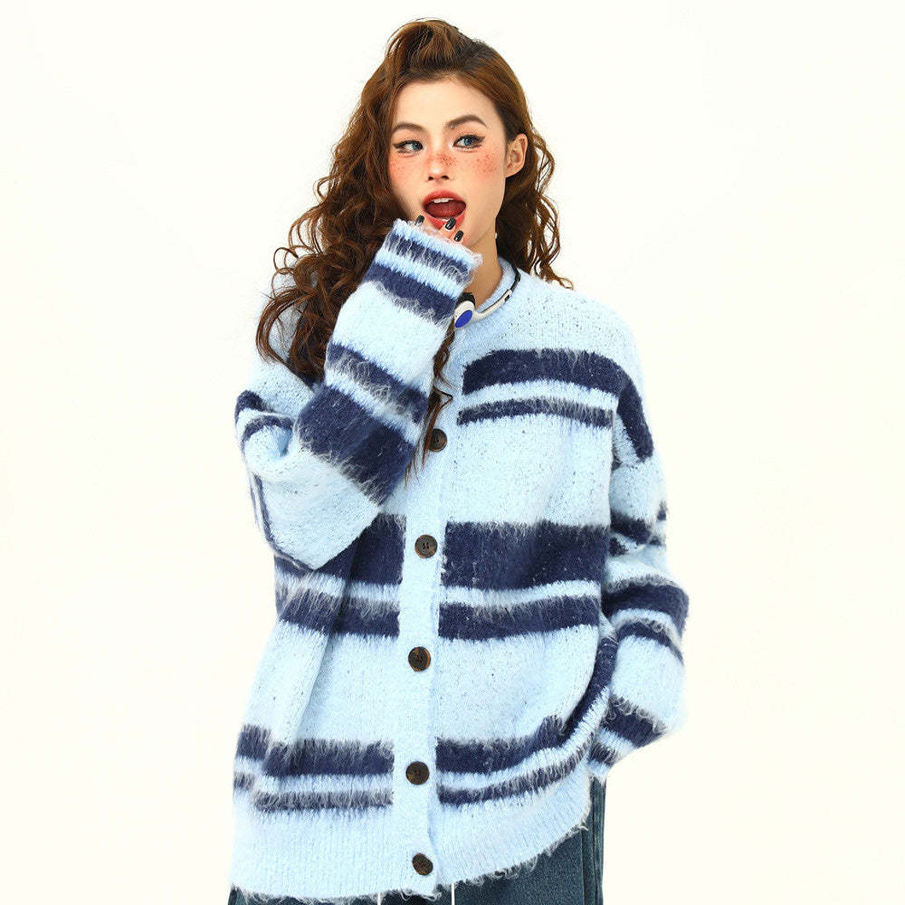 美式復古軟糯仿貂毛針織衫外套女秋冬條紋慵懶寬鬆外套